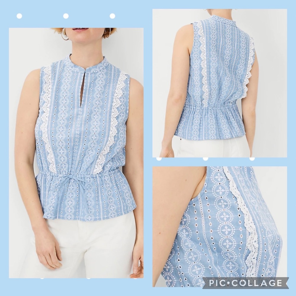 ANN TAYLOR PETITE WOMEN CHAMBRAY LACE TIE FRONT TOP LP